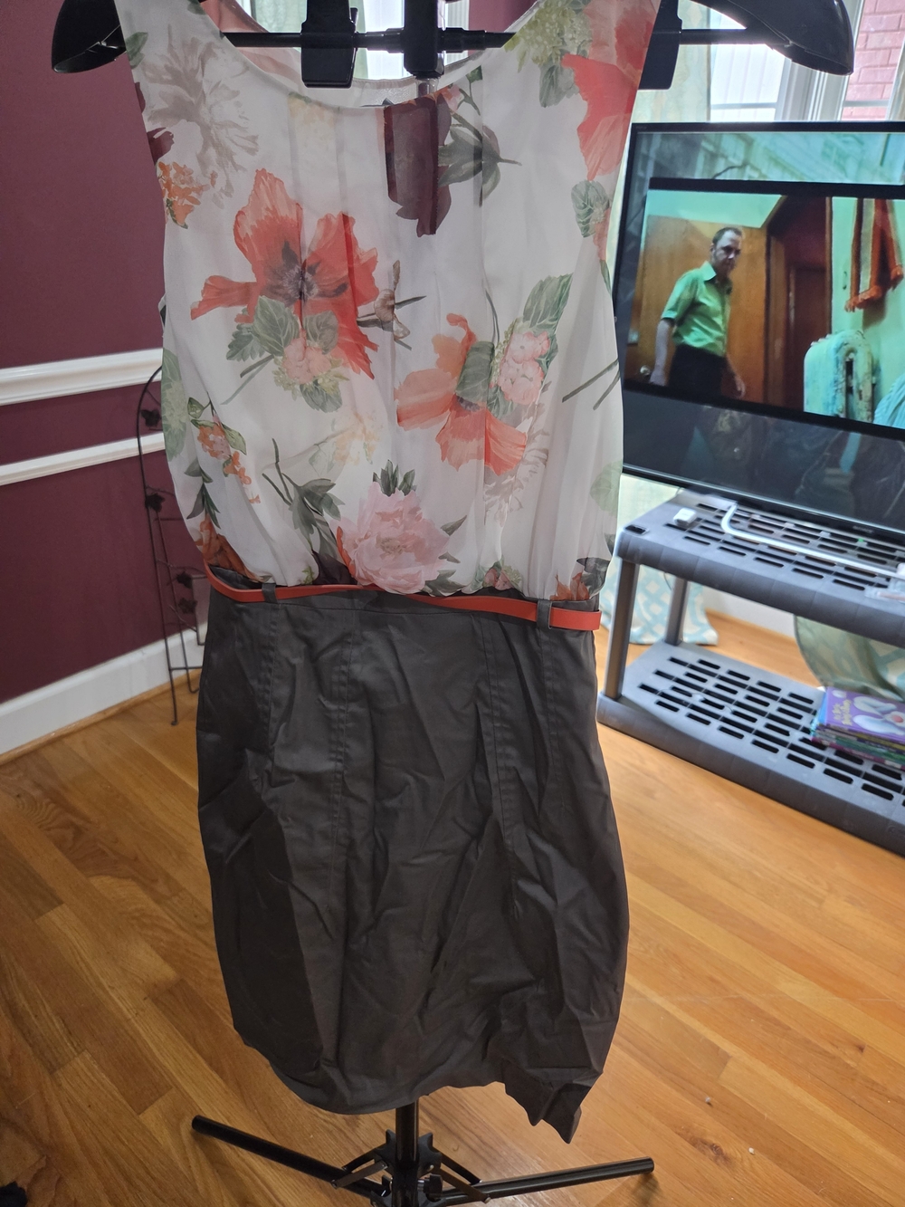 H&M White Floral Top with Coral & Green Accents and Black Skirt